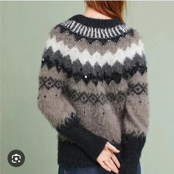 Anthropologie Sleeping On Snow Gray Black Fair Isle Bubble Sleeve Sweater Large - Picture 2 of 7
